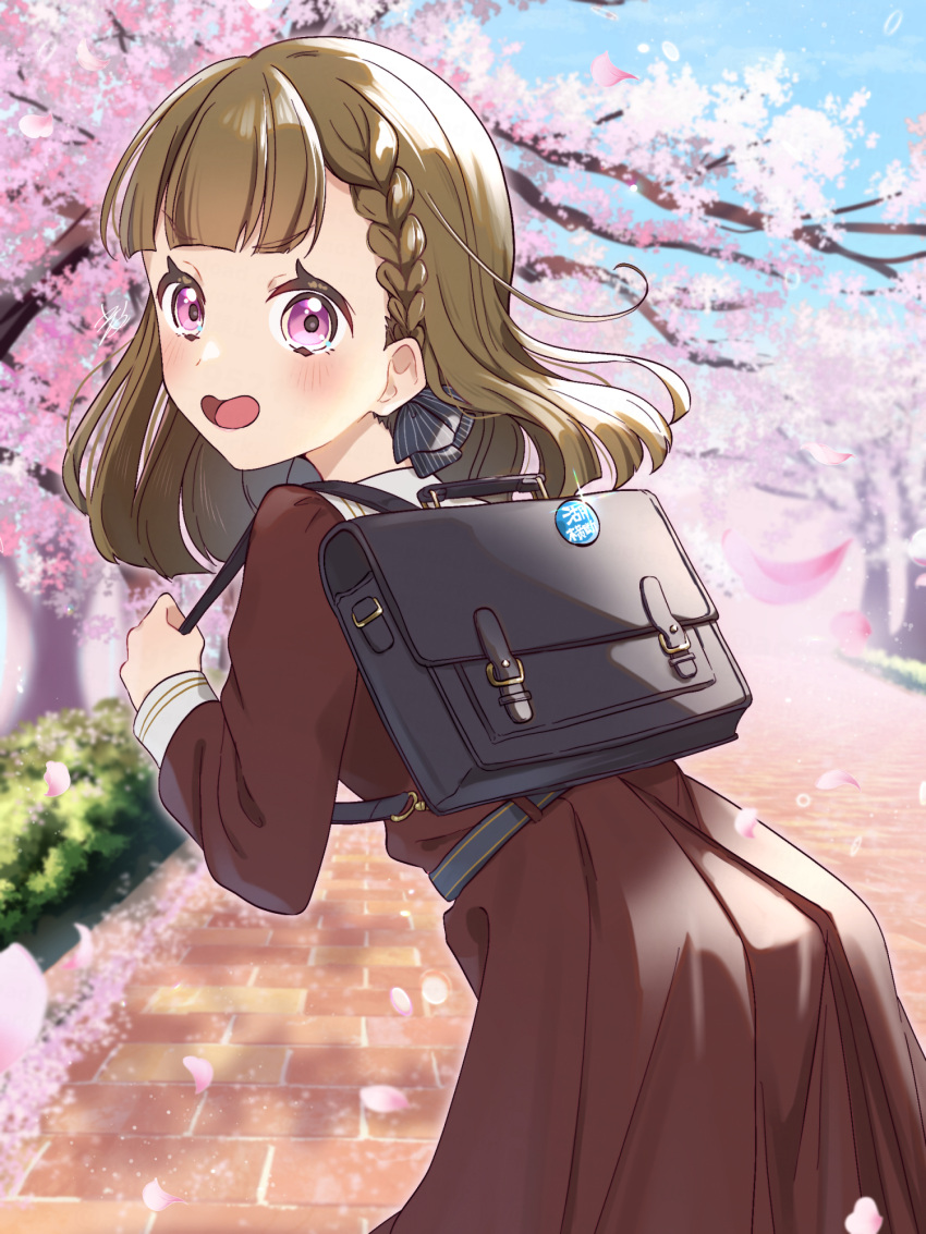 1girl bag black_bag blunt_bangs blush brown_dress brown_hair cherry_blossoms commentary dress hasu_no_sora_school_uniform highres kachimachi_kosuzu kyaku_tasu leaning_forward link!_like!_love_live! long_sleeves looking_at_viewer love_live! medium_hair open_mouth outdoors purple_eyes sailor_collar school_bag school_uniform sleeve_cuffs solo upper_body virtual_youtuber white_sailor_collar winter_uniform