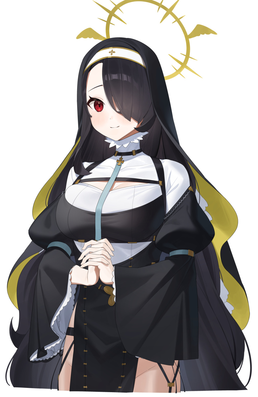 1girl black_dress black_hair blue_archive blush breasts cleavage dress glow_(user_hnpv7785) habit hair_over_one_eye halo highres hinata_(blue_archive) looking_at_viewer own_hands_together red_eyes smile solo white_background yellow_halo