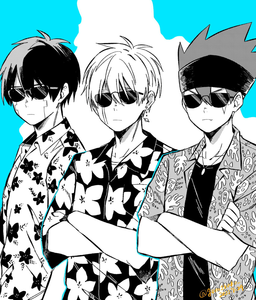 3boys collared_shirt crossed_arms daut_barret earrings facial_mark genjitsu_o_miro glasses hawaiian_shirt headband highres jewelry lance_crown mashle monochrome multiple_boys orter_madl planet_earrings shirt short_hair spiked_hair upper_body