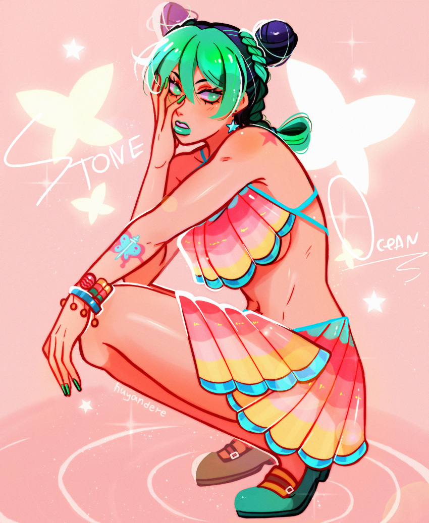 1girl absurdres arm_tattoo artist_name birthmark black_hair bracelet braid braided_ponytail breasts commission copyright_name crop_top crop_top_overhang double_bun earrings fingernails full_body green_eyes green_hair green_lips green_nails hair_bun highres huyandere jewelry joestar_birthmark jojo_no_kimyou_na_bouken kujo_jolyne long_fingernails medium_breasts miniskirt navel parted_lips pink_skirt signature skirt solo squatting star_(symbol) star_earrings stone_ocean tattoo underboob