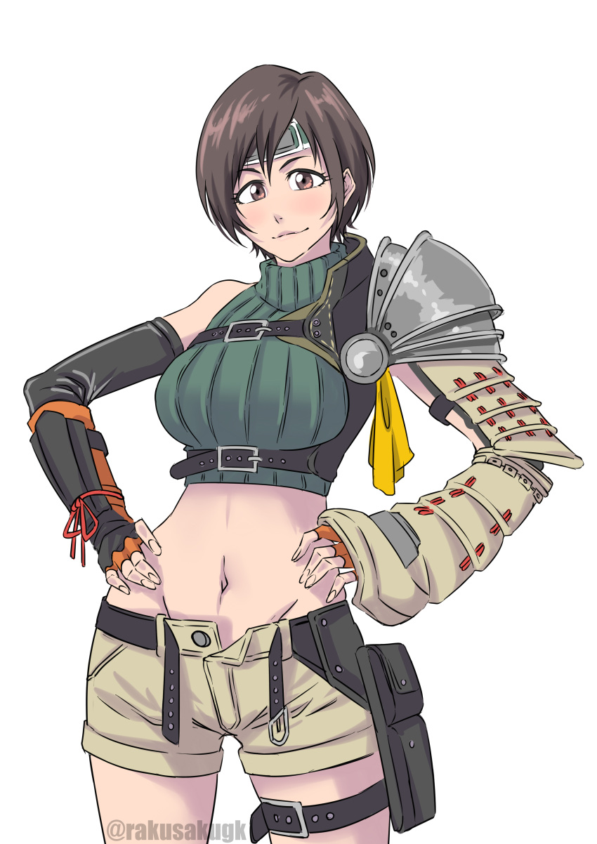 1girl absurdres armor asymmetrical_armor black_gloves breasts brown_hair brown_shorts chest_strap closed_mouth cowboy_shot crop_top cropped_sweater elbow_gloves final_fantasy final_fantasy_vii final_fantasy_vii_rebirth final_fantasy_vii_remake fingerless_gloves gloves green_sweater hands_on_own_hips headband highres kubo_tite_(style) medium_breasts midriff open_fly rakusakugk ribbon short_hair short_shorts shorts shoulder_armor single_bare_shoulder single_shoulder_pad smile solo sweater twitter_username white_background yuffie_kisaragi