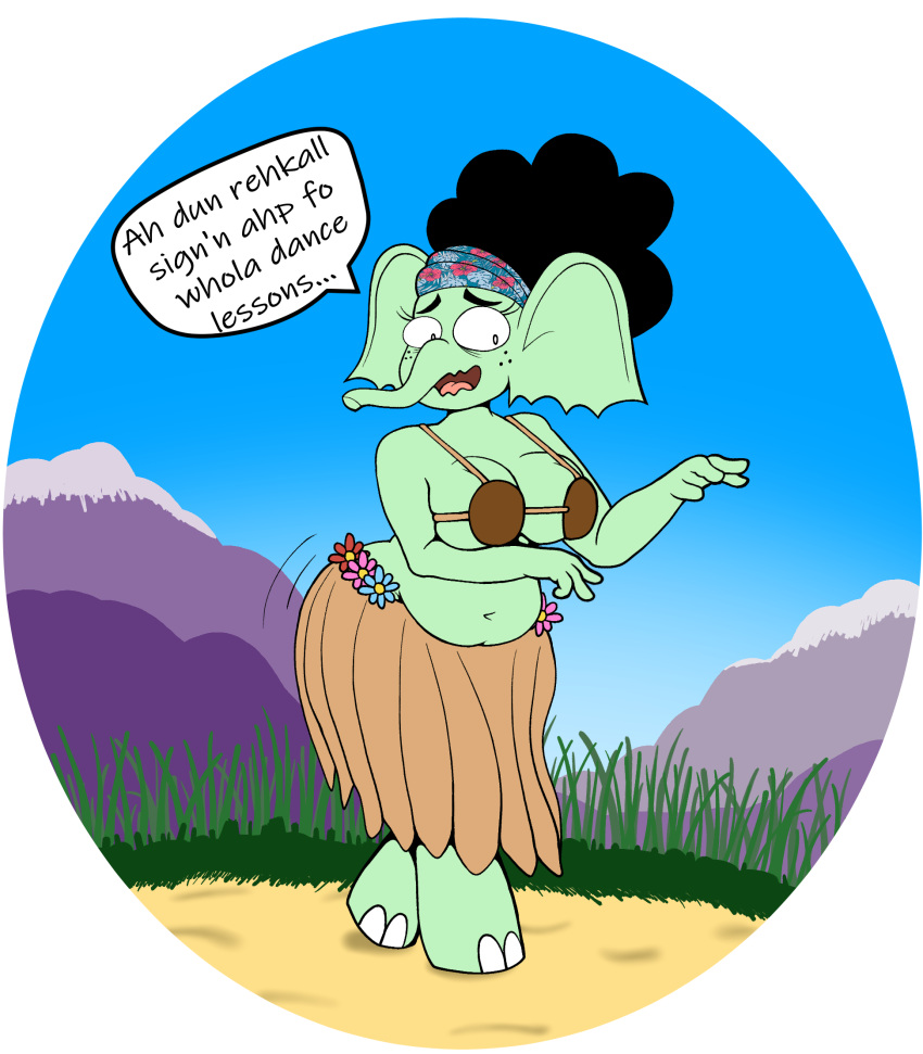 anthro belly elephant elephantid embarrassed female green_body hi_res hula hula_dancer kiyana_(marcodile) mammal marcodile outside proboscidean solo wide_hips