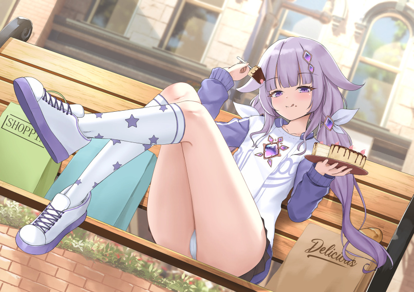 1girl cake eating food frilled_skirt frills gem_hair_ornament highres holding holding_cake holding_food hololive hololive_english joko_jmc koseki_bijou long_hair long_sleeves looking_at_viewer outdoors panties pantyshot purple_eyes purple_hair purple_shirt purple_skirt shirt sitting skirt smile socks solo star_(symbol) tongue tongue_out twintails two-tone_shirt underwear virtual_youtuber white_panties white_shirt white_socks