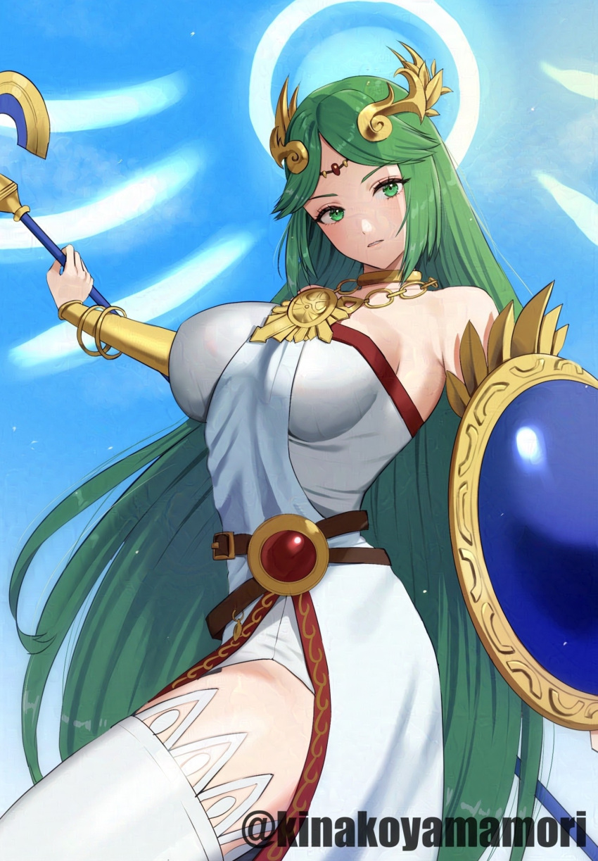 1girl ancient_greek_clothes armlet artist_name bare_shoulders breasts chain chiton circlet dress forehead_jewel gold_chain greco-roman_clothes green_eyes green_hair highres holding holding_shield holding_staff jewelry kid_icarus kid_icarus_uprising large_breasts long_hair neck_ring palutena parted_bangs pendant shield single_thighhigh solo staff strapless strapless_dress thighhighs twitter_username vambraces very_long_hair white_dress white_thighhighs yamamori_kinako