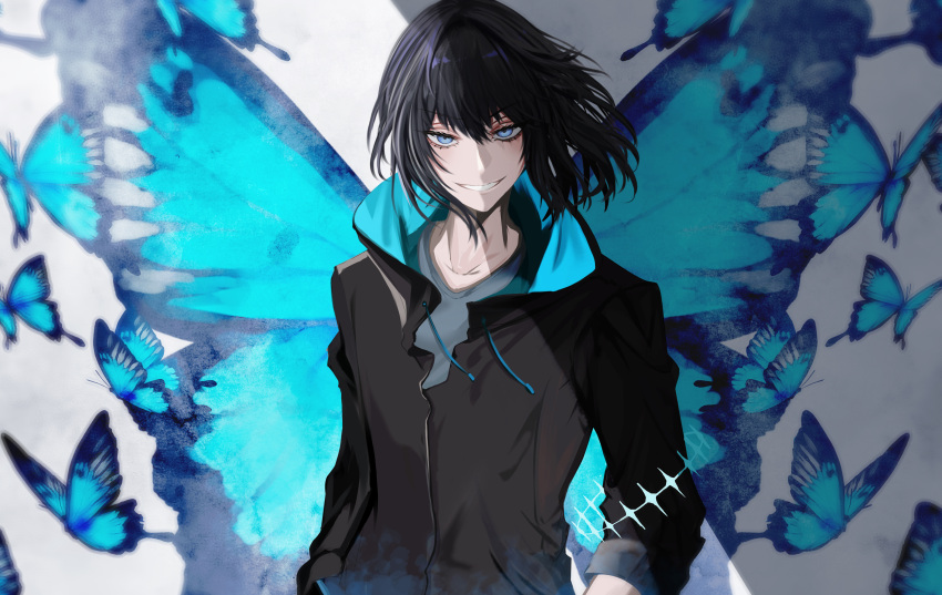 1boy absurdres antinese black_hair black_jacket blue_butterfly blue_eyes blue_jacket blue_shirt bug butterfly butterfly_wings fate/grand_order fate_(series) highres hood hood_down hooded_jacket insect_wings jacket long_sleeves male_focus multicolored_clothes multicolored_jacket oberon_(fate) oberon_(moody_summer_oberon)_(fate) oberon_(third_ascension)_(fate) shirt short_hair smile solo two-tone_jacket wings