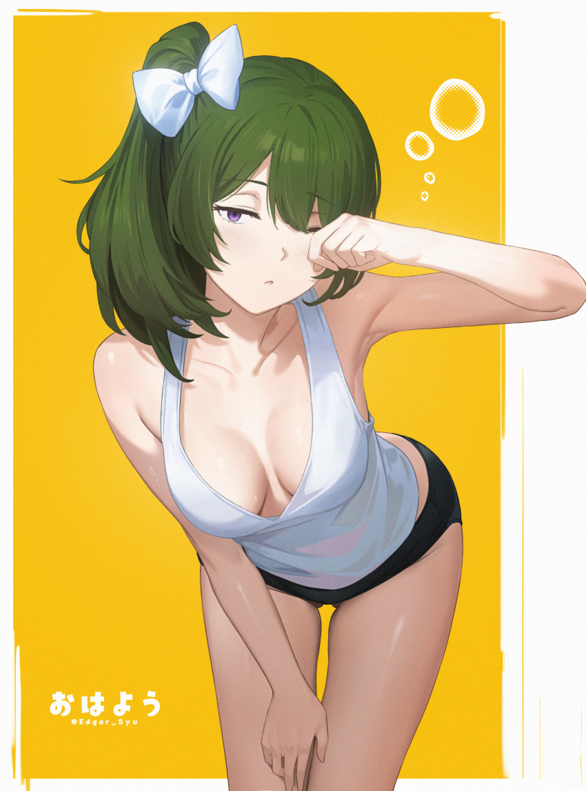 1girl absurdres artist_name ass_visible_through_thighs black_panties bow breasts breasts_apart collarbone commentary edgar_syu green_hair hair_bow highres looking_at_viewer medium_breasts one_eye_closed open_mouth panties purple_eyes side_ponytail sleepy solo sousou_no_frieren tank_top translated ubel_(sousou_no_frieren) underwear white_bow white_tank_top