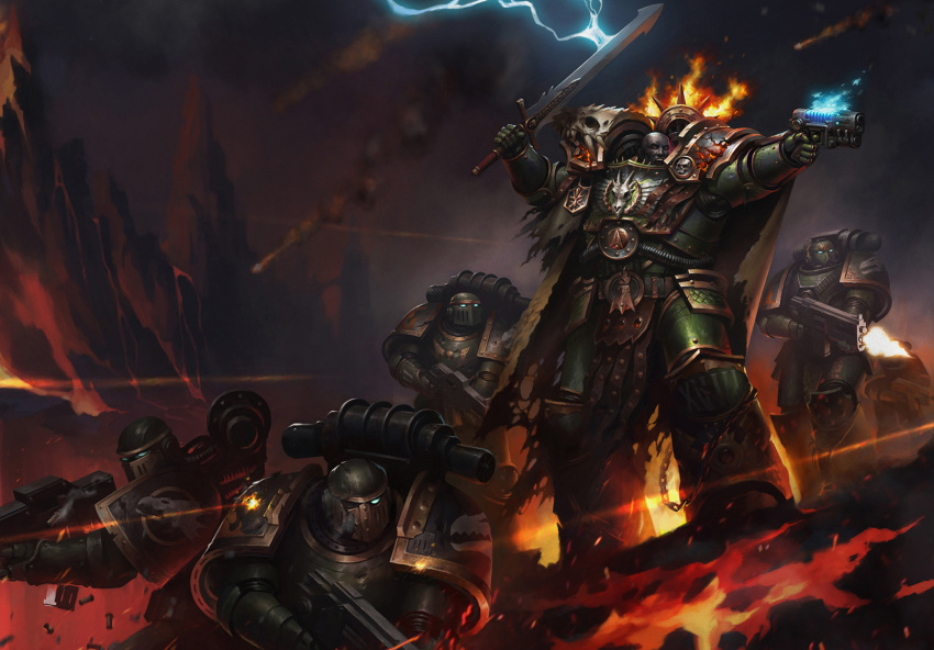 5boys adeptus_astartes armor armored_boots bald bolter boots breastplate buckle colored_sclera commentary couter cover cover_page crotch_plate cuirass damaged dark-skinned_male dark_skin dragon_skull dual_wielding english_commentary fire firing full_body gauntlets glowing glowing_eyes greaves green_armor gun highres holding holding_bolter holding_gun holding_sword holding_weapon lava leg_armor male_focus meteor misha_savier mountain multiple_boys official_art open_mouth outdoors pauldrons pelvic_curtain poleyn power_armor primarch red_eyes rerebrace salamanders_(warhammer) shoulder_armor skull_ornament standing sword the_draken_scale vulkan warhammer_40k weapon