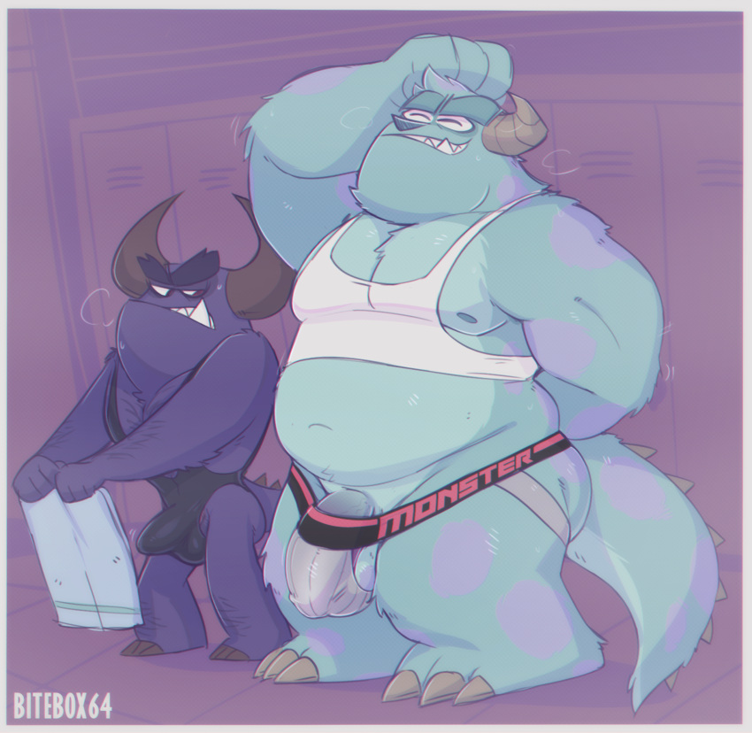 2024 anthro bitebox64 bulge clothing disney duo hi_res jockstrap johnny_worthington locker_room male monster monsters_inc pixar sulley underwear wrestling_singlet