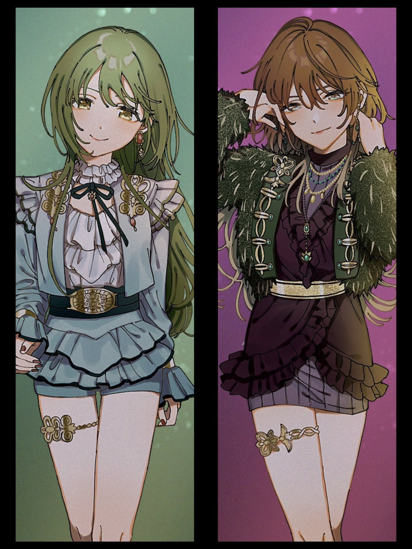 2girls aketa_mikoto black_ribbon blue_jacket blue_shorts brown_hair closed_mouth column_lineup commentary_request earrings gold_belt green_hair green_jacket grey_eyes grey_skirt hair_between_eyes highres idol idol_clothes idolmaster idolmaster_shiny_colors iwawa jacket jewelry long_hair long_sleeves looking_at_viewer multiple_girls nail_polish nanakusa_nichika neck_ribbon open_clothes open_jacket ribbon shhis_(idolmaster) shirt shorts skirt thigh_strap white_shirt yellow_eyes