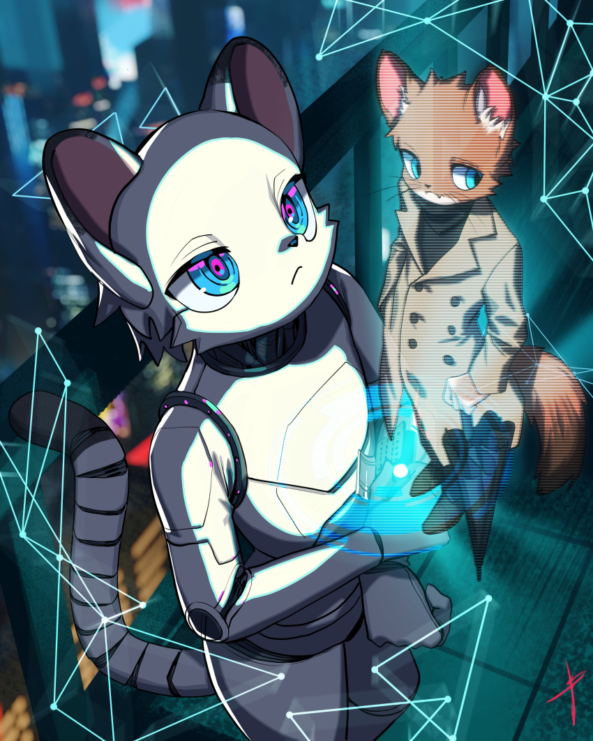 2023 absurd_res android anthro blaedic blue_eyes city clothed clothing coat detailed_background dipstick_ears dipstick_tail exposed_endoskeleton floor front_view frown fully_clothed hi_res high-angle_view holding_object holding_umbrella hologram isaac_(mitaro900) looking_aside looking_up machine male male_anthro mammal markings multicolored_ears mustelid musteline nude picture_in_picture railing robot scanlines segmented_tail solo square_crossover standing stoat tail tail_markings tile tile_floor topwear trenchcoat true_musteline umbrella weasel whiskers