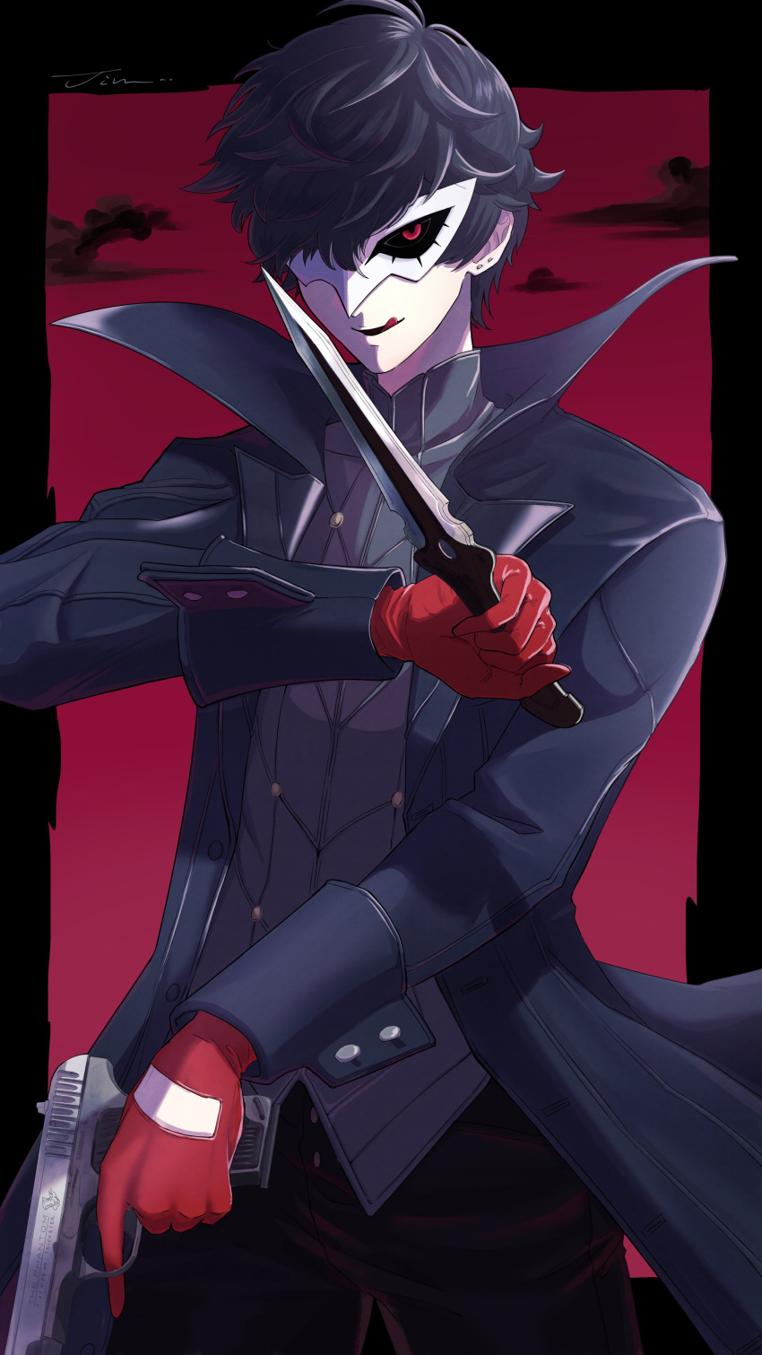 1boy absurdres amamiya_ren black_coat coat commentary domino_mask earrings finger_on_trigger gloves gun handgun hashtag-only_commentary highres holding holding_gun holding_knife holding_weapon jewelry jin_(funaki_gen) knife male_focus mask multiple_earrings persona persona_5 red_eyes red_gloves reverse_grip solo stud_earrings tongue tongue_out upper_body weapon