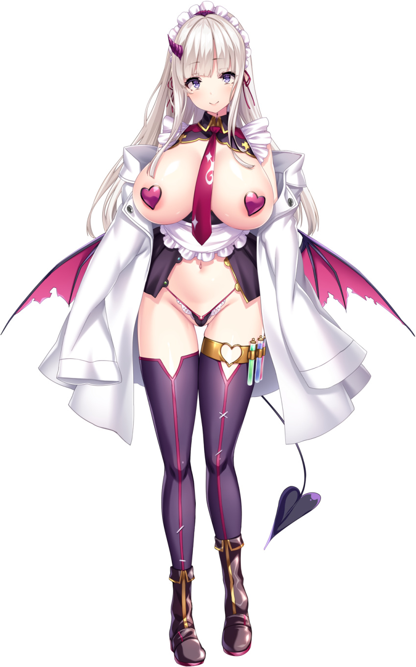 1girl artist_request blue_eyes boku_ga_incubus_ni_naru_tame_ni_kyou_kara_succubus_to_lesson_shimasu_2 boots breasts demon_girl demon_horns demon_tail demon_wings full_body game_cg heart_pasties highres horns huge_breasts long_hair long_sleeves looking_at_viewer maid_headdress navel necktie non-web_source official_art panties pasties photoshop_(medium) shiokonbu simple_background single_horn smile solo standing string_panties tail thighhighs underwear white_background white_hair wings