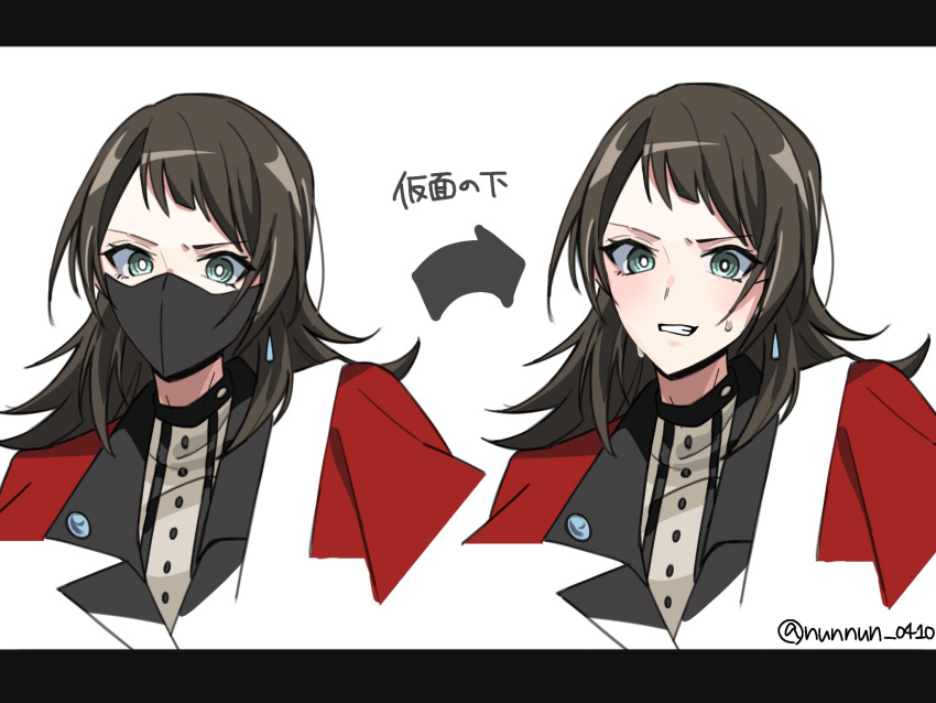 1girl bang_dream! bang_dream!_it's_mygo!!!!! black_hair black_mask clenched_teeth commentary_request cropped_torso green_eyes highres jacket mask medium_hair mouth_mask nanami_(nunnun_0410) red_jacket shirt simple_background sweat teeth translation_request twitter_username upper_body white_background white_shirt yahata_umiri