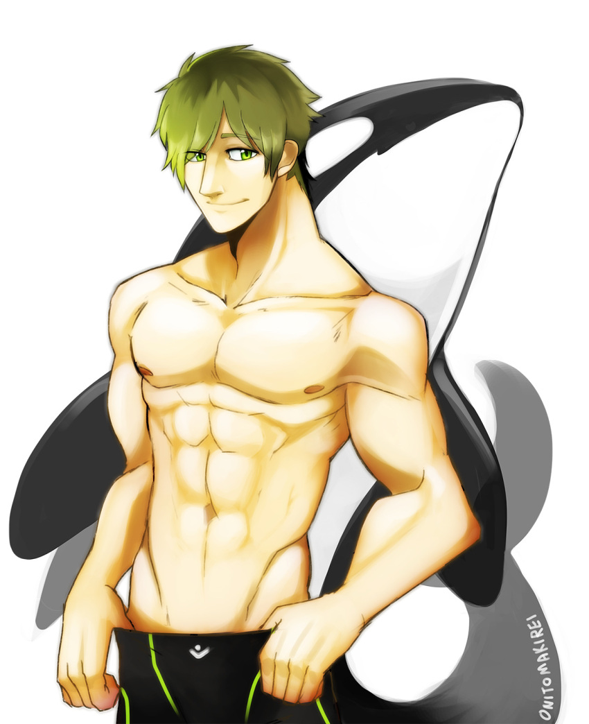 1boy animal animal_background cowboy_shot eyes_visible_through_hair free! green_eyes green_hair highres legskin light_smile mac_(drunkenfist) male_focus male_swimwear male_swimwear_pull muscular muscular_male orca short_hair sideways_glance simple_background solo tachibana_makoto topless_male white_background