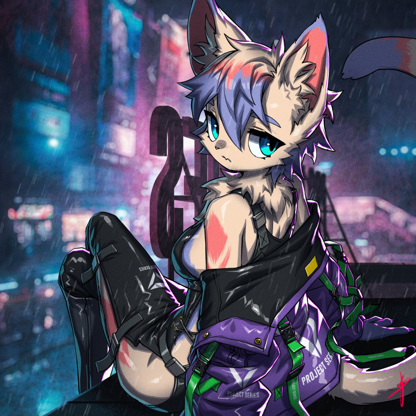 2023 absurd_res anthro arm_support blaedic blue_eyes blurred_background breasts cheek_tuft clothed clothing crossed_legs dangling_legs detailed_background dipstick_ears domestic_cat facial_tuft felid feline felis female female_anthro fur hair hi_res inner_ear_fluff jacket kavi_(isovariant) leaning leaning_backward looking_at_viewer looking_back mammal mixed_media multicolored_ears multicolored_hair neck_tuft night off_shoulder on_roof outside photo_background photography_(artwork) purple_clothing purple_jacket purple_topwear raining side_boob side_slit_clothing sitting skinsuit solo tan_body tan_fur tight_clothing topwear tuft