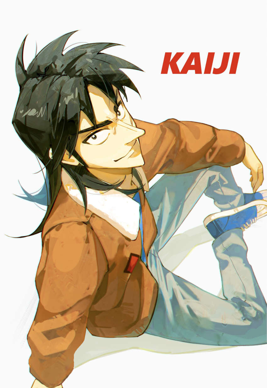 1boy absurdres arcobale_6 black_hair blue_footwear bomber_jacket brown_jacket character_name closed_mouth commentary copyright_name from_above full_body grey_pants highres itou_kaiji jacket kaiji long_hair long_sleeves looking_at_viewer male_focus medium_bangs pants pointy_nose scar scar_on_cheek scar_on_face shoes simple_background sitting smile sneakers solo v-shaped_eyebrows white_background