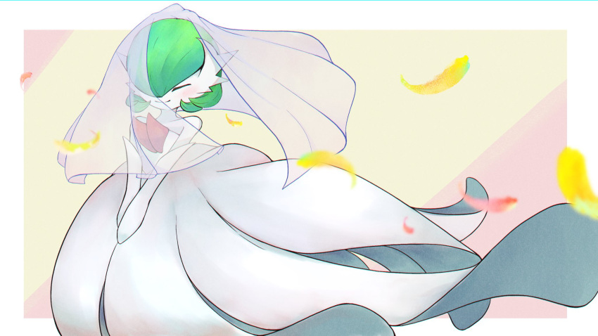 blush bob_cut bridal_veil closed_eyes colored_skin dress elbow_gloves falling_petals gardevoir gloves green_hair hair_over_one_eye highres lila_0219 mega_gardevoir mega_pokemon petals pokemon pokemon_(creature) simple_background smile v_arms veil white_dress white_gloves white_skin