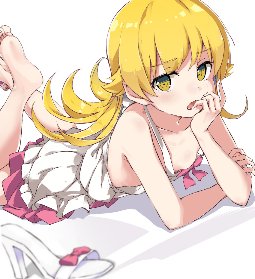 1girl absurdres barefoot blonde_hair blurry blurry_foreground breasts collarbone commentary_request depth_of_field dress feet foreshortening hand_on_own_face highres legs_up long_hair lying monogatari_(series) on_stomach open_mouth oshino_shinobu rauto sandals shoes small_breasts soles the_pose toes unworn_sandals unworn_shoes very_long_hair white_dress white_footwear yellow_eyes