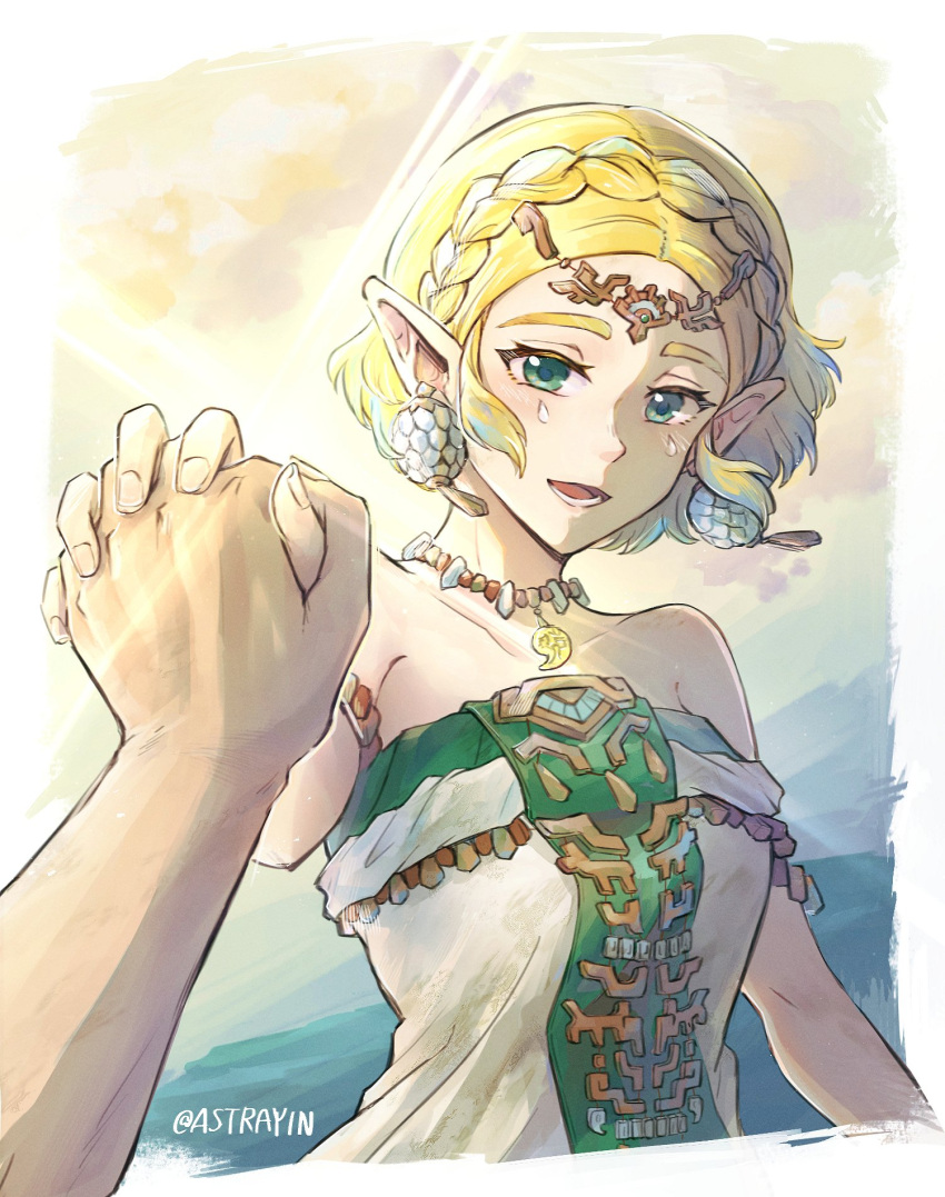 1girl 1other :d armlet artist_name astrayin bare_shoulders blonde_hair blush border braid circlet cloud collarbone commentary_request crown_braid day dress earrings eyelashes facial_mark forehead green_dress green_eyes highres holding_hands interlocked_fingers jewelry looking_at_viewer lower_teeth_only magatama magatama_necklace necklace open_mouth outside_border outstretched_hand parted_bangs pointy_ears pov pov_hands princess_zelda short_hair sidelocks single_braid sky smile solo_focus strapless strapless_dress sun teardrop_facial_mark teeth the_legend_of_zelda the_legend_of_zelda:_tears_of_the_kingdom twitter_username upper_body white_border white_dress yellow_sky