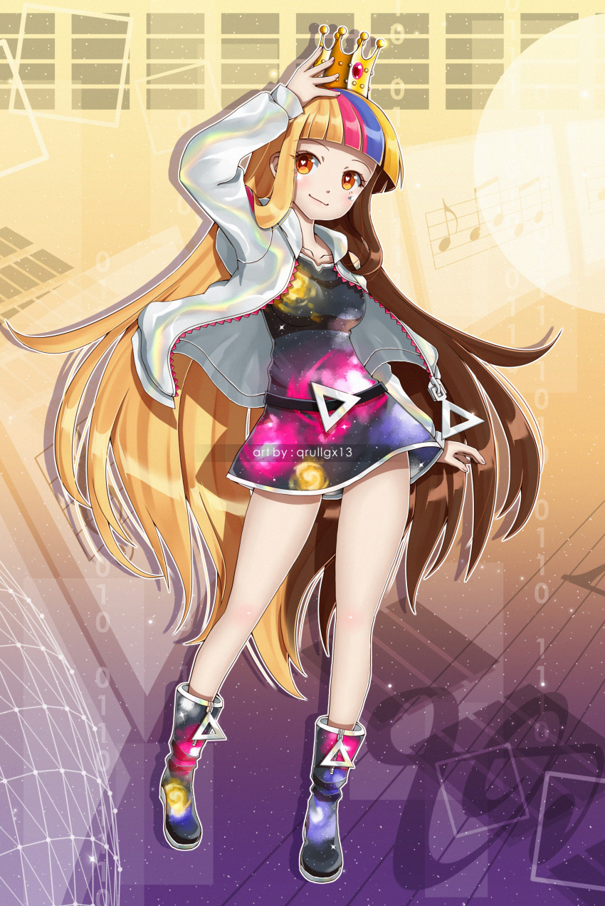 1girl absurdres adjusting_clothes adjusting_headwear artist_name belt blonde_hair blue_hair blunt_bangs boots brown_hair closed_mouth collarbone crown dress galaco galaco_(prize) gold_crown gradient_background heart heart-shaped_pupils highres jacket long_hair looking_to_the_side open_clothes open_jacket orange_eyes outline pink_hair print_dress print_footwear purple_background qrullgx13 sidelocks smile solo starry_background symbol-shaped_pupils very_long_hair vocaloid watermark white_jacket white_outline yellow_background