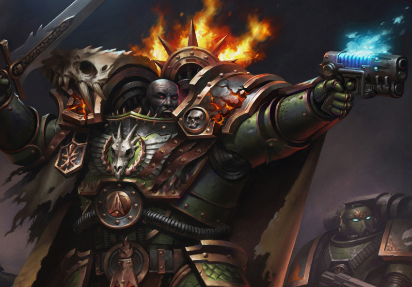 2boys adeptus_astartes armor bald breastplate buckle colored_sclera commentary couter cover cover_page damaged dark-skinned_male dark_skin dragon_skull dual_wielding english_commentary fire gauntlets glowing glowing_eyes green_armor gun highres holding holding_gun holding_sword holding_weapon male_focus misha_savier multiple_boys official_art open_mouth pauldrons power_armor primarch red_eyes rerebrace salamanders_(warhammer) shoulder_armor skull_ornament sword the_draken_scale vulkan warhammer_40k weapon