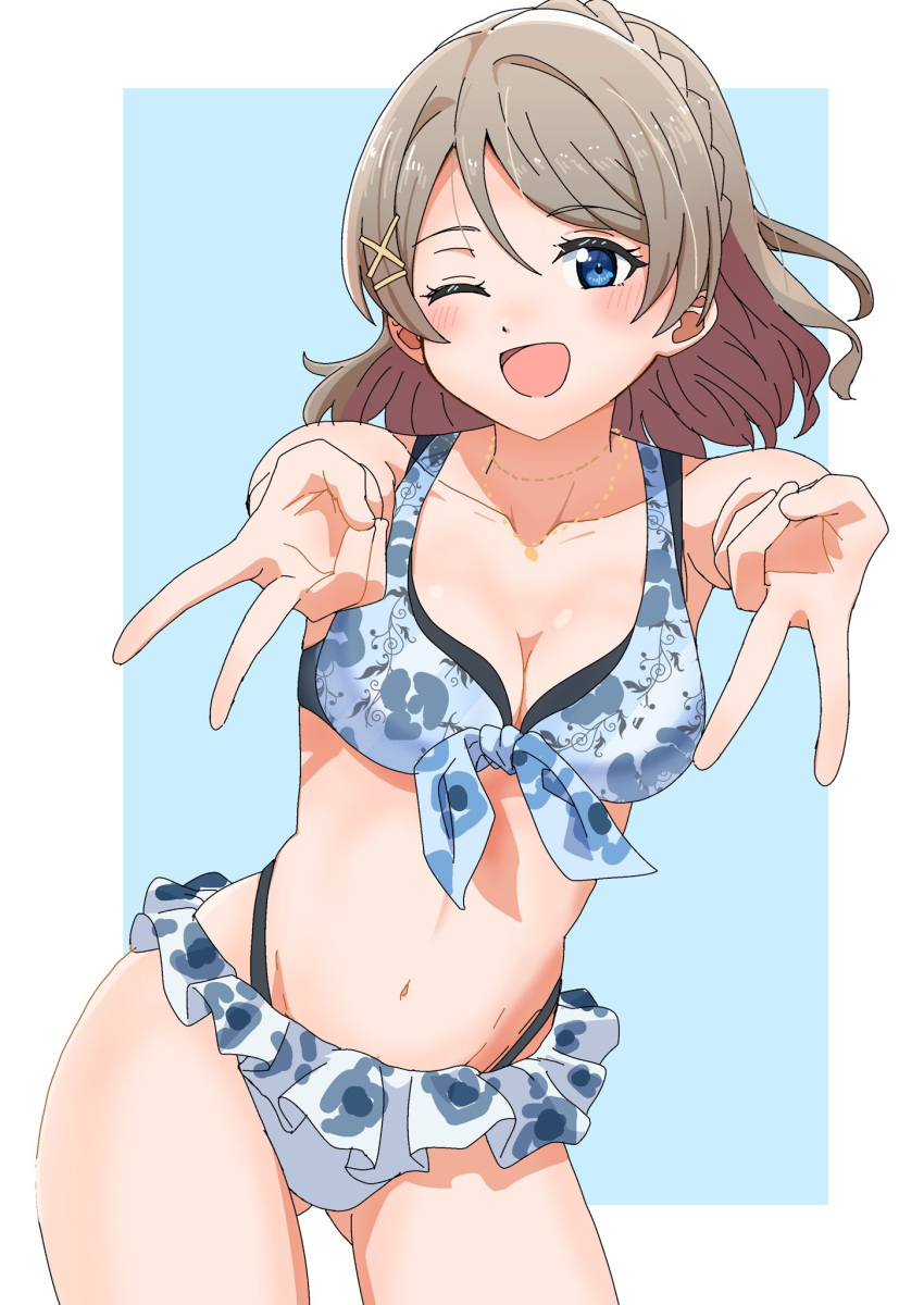 abs ass_visible_through_thighs bikini blue_eyes blush breasts brown_hair cleavage highres love_live! love_live!_sunshine!! one_eye_closed short_hair simple_background smile stomach swimsuit taiyakippassion thighs v watanabe_you