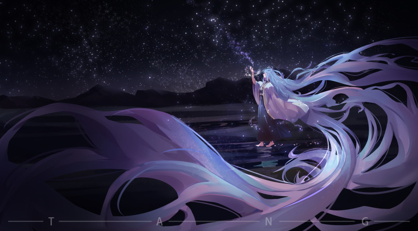 1boy absurdly_long_hair artist_name barefoot blue_hair blue_hakama chinese_commentary closed_eyes commentary_request english_text from_side full_body hakama hand_up haori highres jacket japanese_clothes lake long_hair long_sleeves making-of_available male_focus mountainous_horizon night night_sky original sanshui_guantang sky solo star_(sky) starry_sky very_long_hair walking walking_on_liquid white_jacket white_sleeves wide_sleeves