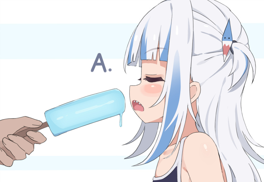 1girl a_(phrase) blue_hair blush closed_eyes collarbone food gawr_gura highres hololive hololive_english ice_cream long_hair multicolored_hair open_mouth shark_girl simple_background streaked_hair tenroy two-tone_hair two_side_up virtual_youtuber white_background white_hair