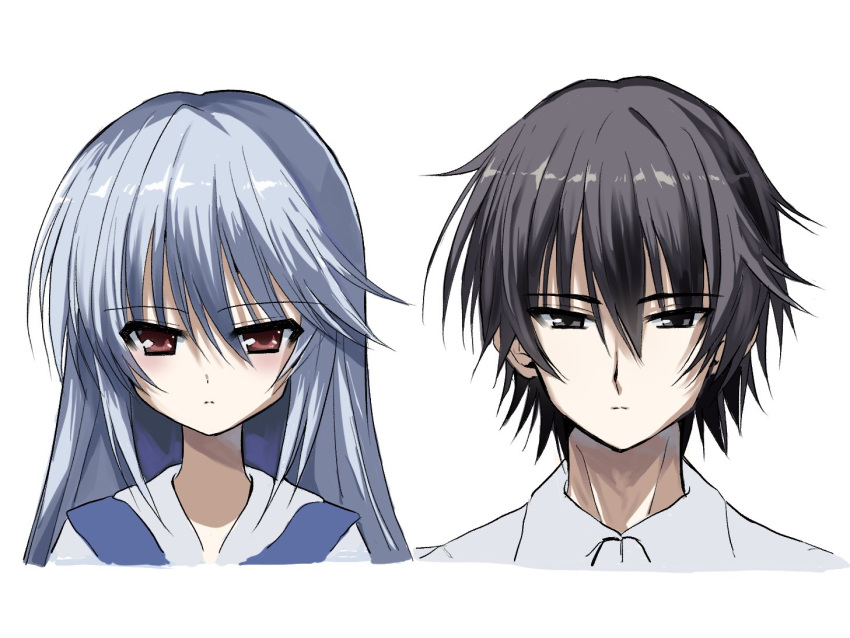 1boy 1girl black_eyes black_hair blue_hair blush brother_and_sister close-up closed_mouth commentary expressionless eyes_visible_through_hair grisaia_(series) grisaia_no_kajitsu hair_between_eyes kasukasugom1 kazami_kazuki kazami_yuuji long_hair nose red_eyes short_hair siblings side-by-side sidelocks simple_background spiked_hair tsurime white_background