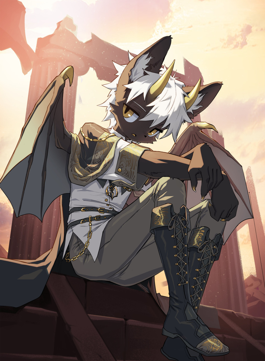 2023 absurd_res anthro blaedic boots canid canine cape chain claws clothed clothing crossed_arms day demon footwear fully_clothed gold_(metal) gold_chain hair hi_res horn jewelry laura_(tale_of_kemono) looking_at_viewer looking_down low-angle_view male male_anthro mammal membrane_(anatomy) membranous_wings necklace on_stairs open_mouth outside pillar pupils ruins short_hair sitting sky slim slit_pupils solo stairs sunny tale_of_kemono white_hair wing_claws wings yellow_claws yellow_eyes yellow_horn yellow_sky