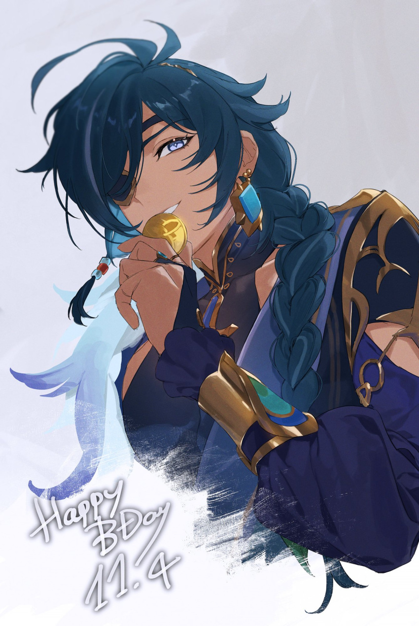 1boy antenna_hair black_shirt blue_eyes blue_hair braid bridal_gauntlets coin collarbone commentary_request covered_collarbone dark-skinned_male dark_skin dated earrings eyepatch frilled_sleeves frills genshin_impact gold_trim grey_background grin hair_over_shoulder hand_up happy_birthday highres holding holding_coin jewelry kaeya_(genshin_impact) kaeya_(sailwind_shadow)_(genshin_impact) long_hair long_sleeves looking_at_viewer male_focus mora_(genshin_impact) multicolored_hair official_alternate_costume one_eye_covered parted_bangs puffy_long_sleeves puffy_sleeves sachico66 shirt sidelocks simple_background single_braid single_earring sleeveless sleeveless_shirt smile solo streaked_hair swept_bangs upper_body