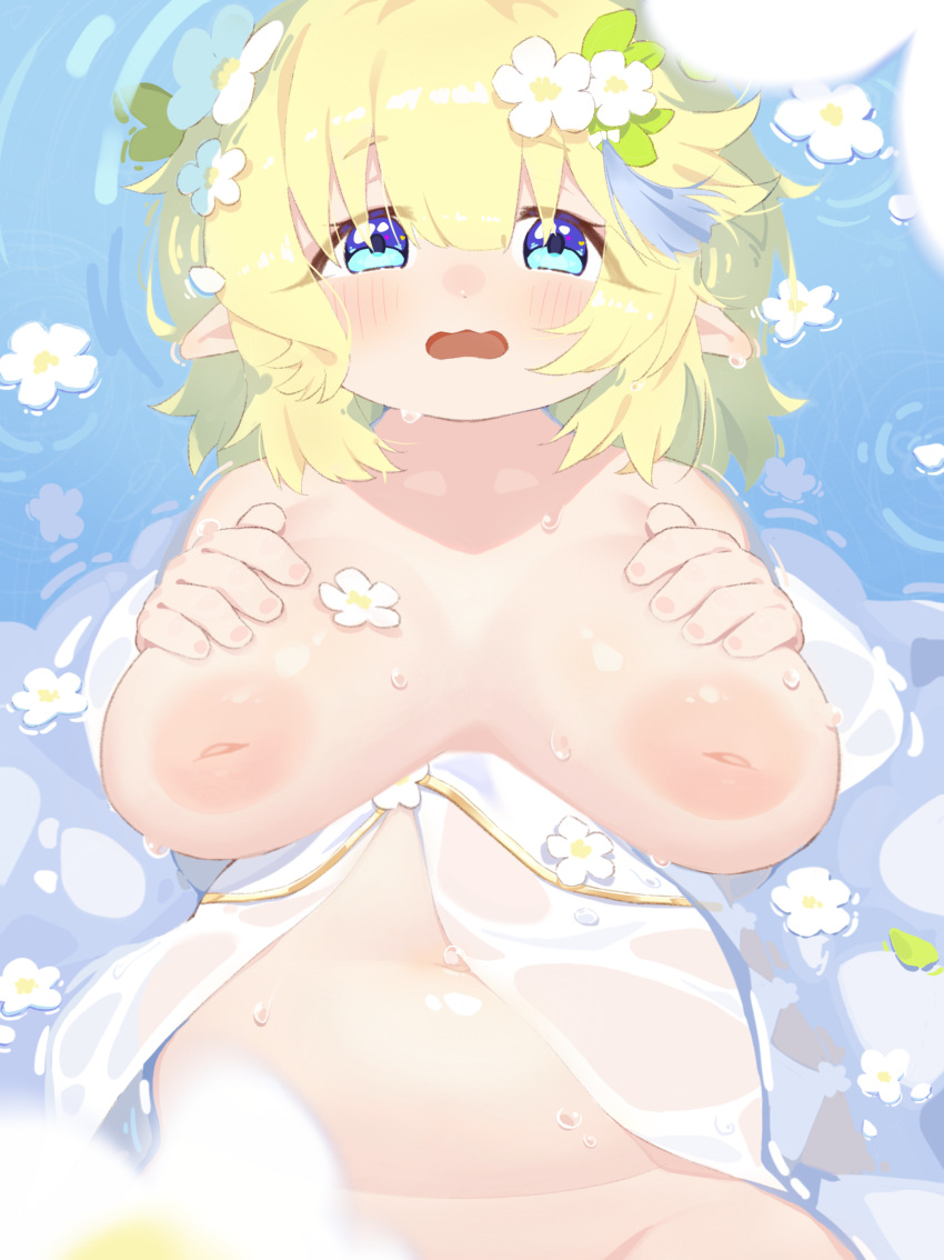 1girl absurdres blonde_hair blue_eyes blush breasts breasts_apart commentary_request cowboy_shot flower hair_between_eyes hair_flower hair_ornament highres inverted_nipples large_breasts looking_at_viewer medium_hair navel nipples open_mouth original plump solo white_flower zao_(pixiv_15847342)