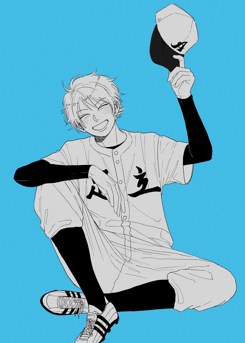 1boy absurdres ayasegawa_jirou baseball_uniform blue_background cleats closed_eyes diamond_no_kouzai facing_viewer hat highres holding holding_clothes holding_hat monochrome smile solo sportswear umbrella_x0x unworn_hat unworn_headwear