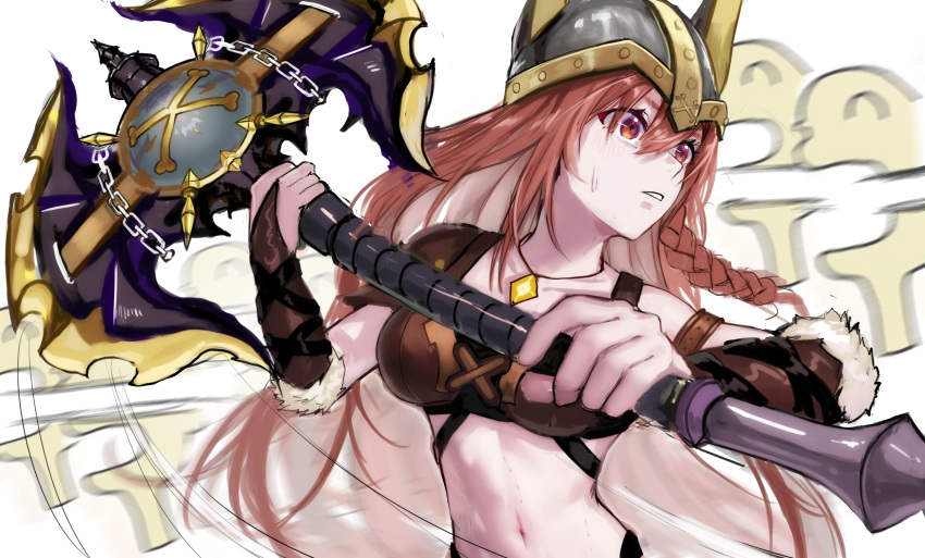 1girl armor axe blush braid breasts brown_eyes brown_hair helmet highres holding holding_axe hololive inugami_korone inugami_korone_(viking) listener_(inugami_korone) long_hair looking_at_viewer medium_breasts official_alternate_costume single_braid viking virtual_youtuber xue_lian_wa_noel