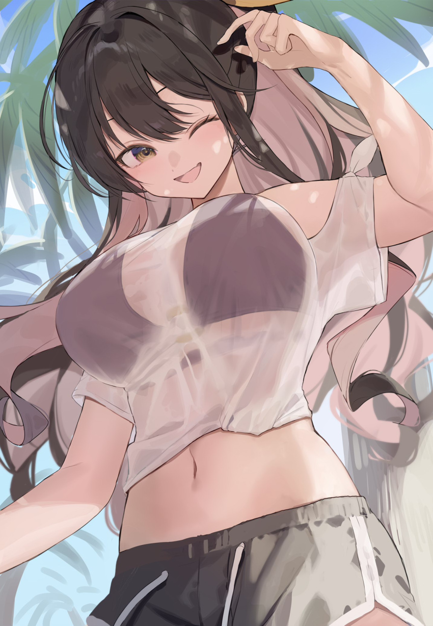 1girl ;d arm_up bikini bikini_top_only breasts brown_hair dolphin_shorts highres kantai_collection large_breasts long_hair multicolored_hair naganami_(kancolle) navel one_eye_closed palm_tree picoli1313 purple_bikini see-through see-through_shirt shirt shirt_rolled_up shorts smile solo swimsuit tree two-tone_hair wavy_hair white_shirt yellow_eyes