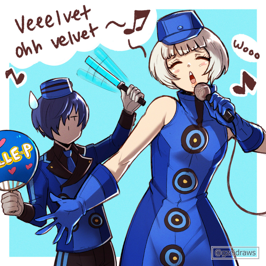 1boy 1girl bare_shoulders blue_gloves blue_hair breasts closed_eyes dress elizabeth_(persona) english_commentary gloves gzei hair_over_one_eye hat highres karaoke music musical_note open_mouth persona persona_3 persona_3_reload short_hair singing sleeveless sleeveless_dress sweatdrop white_hair yuuki_makoto_(persona_3)