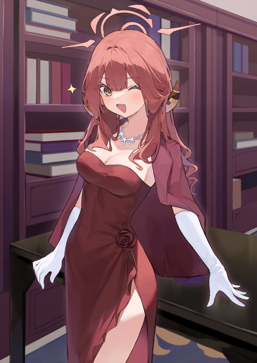1girl ;d absurdres aru_(blue_archive) aru_(dress)_(blue_archive) blue_archive blush book bookshelf breasts brown_eyes cleavage commentary cowboy_shot demon_horns dress elbow_gloves fang gloves halo highres horns indoors jewelry long_hair looking_at_viewer medium_breasts necklace official_alternate_costume okey one_eye_closed open_mouth red_dress red_hair skin_fang smile solo symbol-only_commentary white_gloves