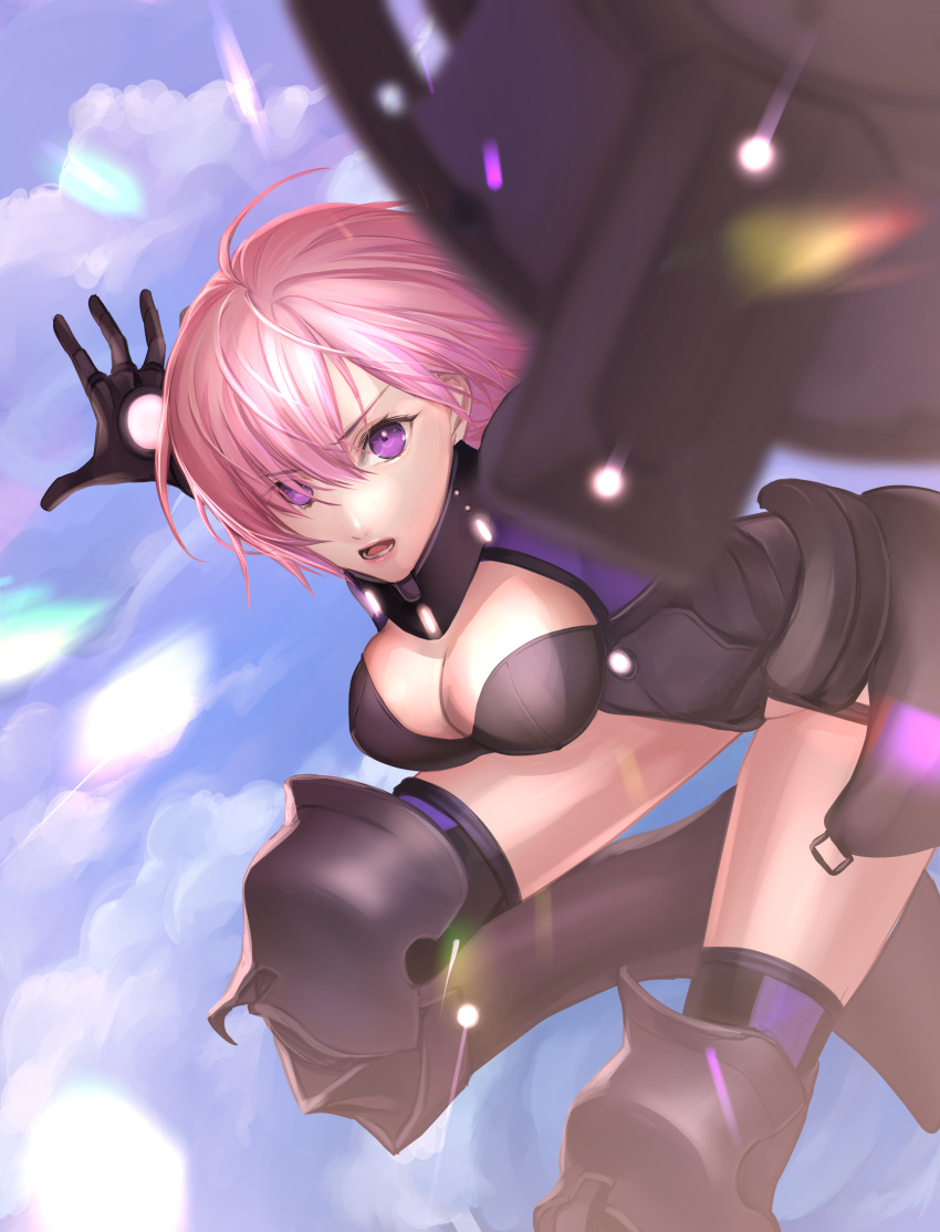 1girl absurdres armor armored_leotard black_armor black_gloves black_leotard black_thighhighs breasts cleavage cleavage_cutout clothing_cutout fate/grand_order fate_(series) gloves hair_over_one_eye highres large_breasts leotard looking_at_viewer lord_camelot_(fate) mash_kyrielight mash_kyrielight_(ortenaus) open_mouth purple_eyes purple_hair ri-ko shield short_hair solo thighhighs thighs