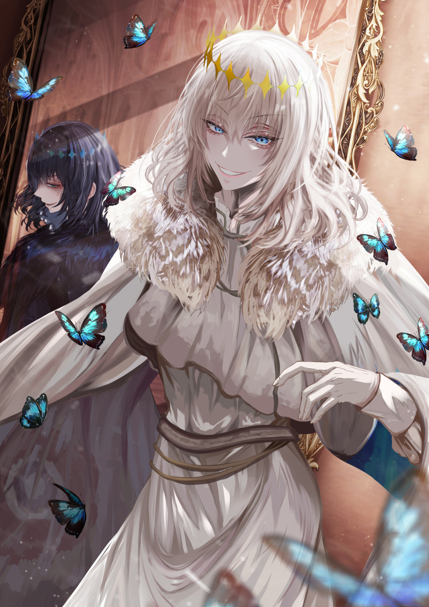 1boy absurdres antinese black_hair blue_cloak blue_eyes bug cape cloak collared_shirt crown diamond_hairband fate/grand_order fate_(series) fur-trimmed_cape fur-trimmed_cloak fur_trim highres long_sleeves looking_at_viewer male_focus medium_hair no_wings oberon_(fate) oberon_(third_ascension)_(fate) official_alternate_hair_color shirt smile white_hair white_shirt