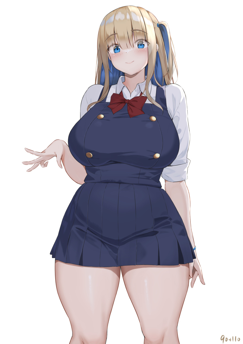 1girl arm_at_side aymusk blonde_hair blue_dress blue_eyes blue_hair blunt_bangs bow bowtie breasts buttons closed_mouth collared_shirt colored_inner_hair curvy dress feet_out_of_frame freckles hand_up highres large_breasts light_blush long_hair looking_at_viewer multicolored_hair one_side_up original pleated_dress red_bow red_bowtie shirt short_dress simple_background sleeveless sleeveless_dress sleeves_rolled_up smile solo standing straight_hair two-tone_hair white_background white_shirt wristband