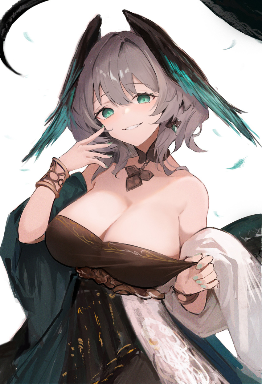1girl absurdres arknights black_choker black_dress bracelet breasts choker cleavage commentary_request cowboy_shot dress ema_(kuguiema) grey_hair grin head_tilt highres ho'olheyak_(arknights) ho'olheyak_(carriage_of_the_winds_of_time)_(arknights) jewelry large_breasts looking_at_viewer official_alternate_costume simple_background smile snake_tail solo standing strapless strapless_dress tail white_background