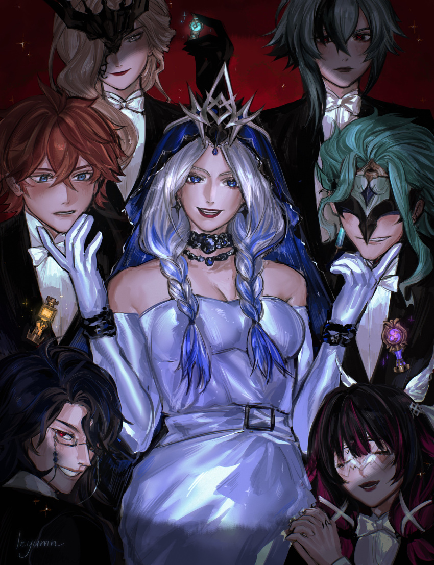 3boys 4girls absurdres arlecchino_(genshin_impact) bare_shoulders black_hair black_mask black_suit blonde_hair bow bowtie breasts cleavage closed_eyes columbina_(genshin_impact) covered_eyes dottore_(genshin_impact) dress eye_mask genshin_impact glasses gnosis_(genshin_impact) hair_between_eyes half_mask head_wings highres izyumn mask mask_over_one_eye multicolored_hair multiple_boys multiple_girls one_eye_covered orange_hair pantalone_(genshin_impact) red_background red_eyes red_lips red_pupils signora_(genshin_impact) studded_gloves suit tartaglia_(genshin_impact) tsaritsa_(genshin_impact) two-tone_hair upper_body white_bow white_bowtie white_dress white_hair white_mask wings