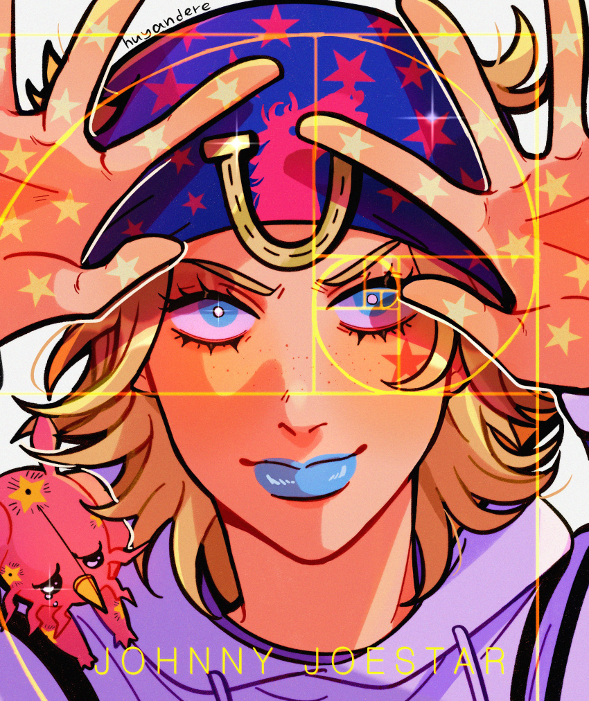 1boy 1other absurdres artist_name blonde_hair blue_eyes blue_hat blue_lips commentary english_commentary fibonacci_sequence freckles golden_spiral highres hood hoodie horseshoe huyandere johnny_joestar jojo_no_kimyou_na_bouken male_focus portrait signature smile stand_(jojo) star_(symbol) star_print steel_ball_run tears tusk_(stand) tusk_act1 white_hoodie