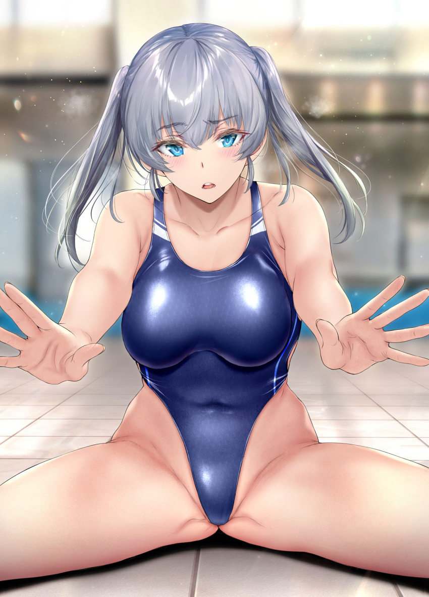 1girl ass_visible_through_thighs blue_eyes blue_one-piece_swimsuit blurry blurry_background blush breasts cleavage collarbone commentary_request competition_swimsuit covered_navel cowboy_shot gentsuki grey_hair groin hair_between_eyes highleg highres kuroe_(kimi_omou_koi) looking_at_viewer medium_breasts one-piece_swimsuit open_mouth original photoshop_(medium) poolside simple_background sitting sleeveless solo spread_legs swimsuit teeth tongue twintails