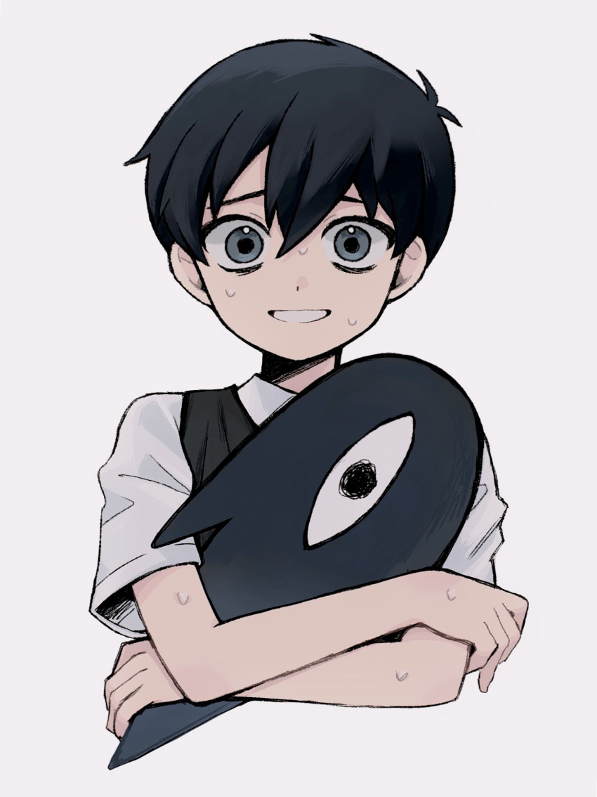0tz026 1boy black_sweater_vest collared_shirt crossed_arms grey_eyes highres looking_at_viewer nervous_smile nervous_sweating omori parted_lips shirt short_sleeves simple_background smile solo something_(omori) sunny_(omori) sweat sweater_vest upper_body white_background white_shirt