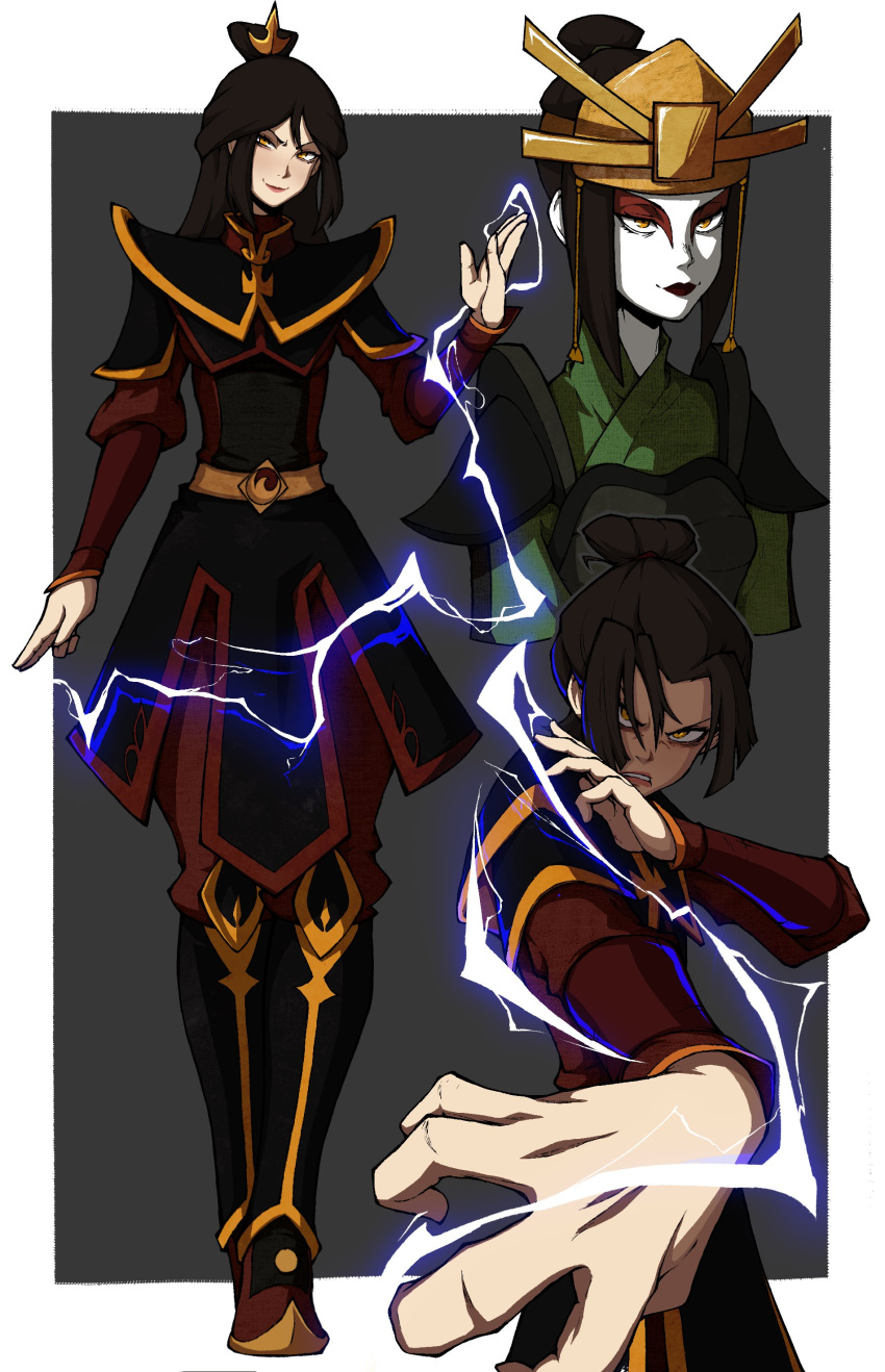 1girl absurdres alternate_costume angry armor avatar:_the_last_airbender avatar_legends azula bags_under_eyes belt black_armor border brown_hair disguise electricity evil_smile facepaint glaring gold_trim grey_background hair_between_eyes hair_bun highres kekel lightning lipstick makeup multiple_views red_trim scowl single_hair_bun smile topknot white_border yellow_eyes