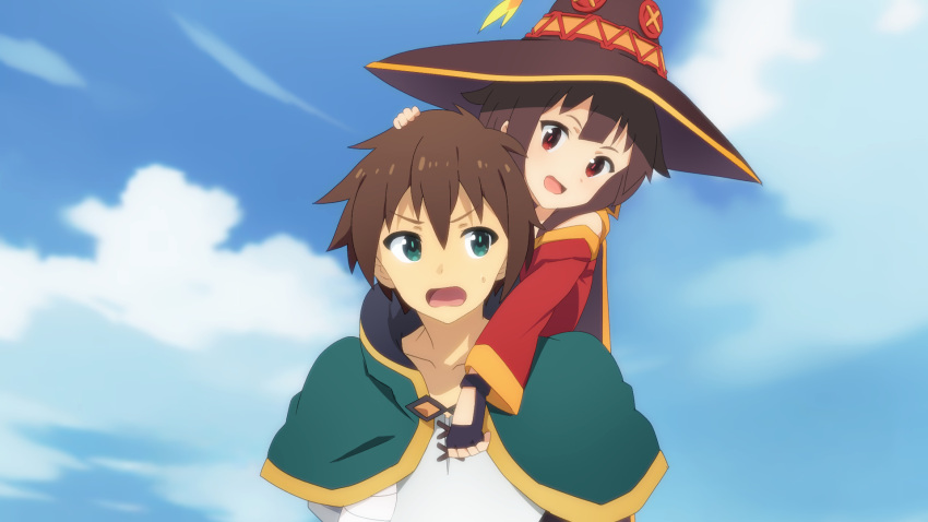 1boy 1girl :d arms_behind_back black_gloves blue_sky blunt_bangs bright_pupils brown_hair brown_hat capelet carrying cloud commentary_request day fingerless_gloves frown gloves green_capelet green_eyes hair_between_eyes happy hat headpat hetero highres kono_subarashii_sekai_ni_shukufuku_wo! long_sleeves looking_at_another megumin open_mouth outdoors paid_reward_available peeking_out piggyback red_eyes satou_kazuma short_hair short_hair_with_long_locks sky smile spiked_hair sweatdrop toraya_(doujintraya) upper_body v-shaped_eyebrows wide_sleeves witch_hat