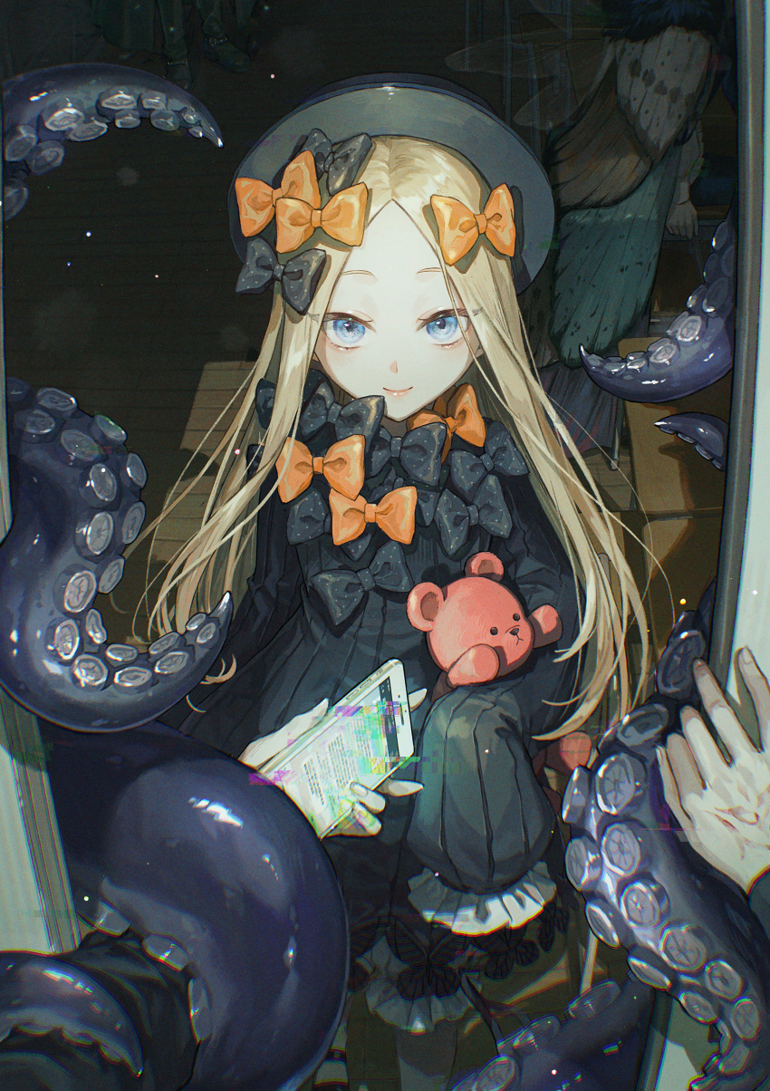 1girl abigail_williams_(fate) absurdres black_bow black_dress blonde_hair bloomers blue_eyes blush bow commentary doorway dress eyelashes fate/grand_order fate_(series) forehead frilled_sleeves frills hair_bow hat highres kotobuki_nashiko light_particles lolita_fashion long_hair long_sleeves looking_at_viewer multiple_hair_bows multiple_hat_bows orange_bow parted_bangs pov pov_hands sleeves_past_fingers sleeves_past_wrists smile solo solo_focus standing stuffed_animal stuffed_toy teddy_bear tentacles very_long_hair white_bloomers