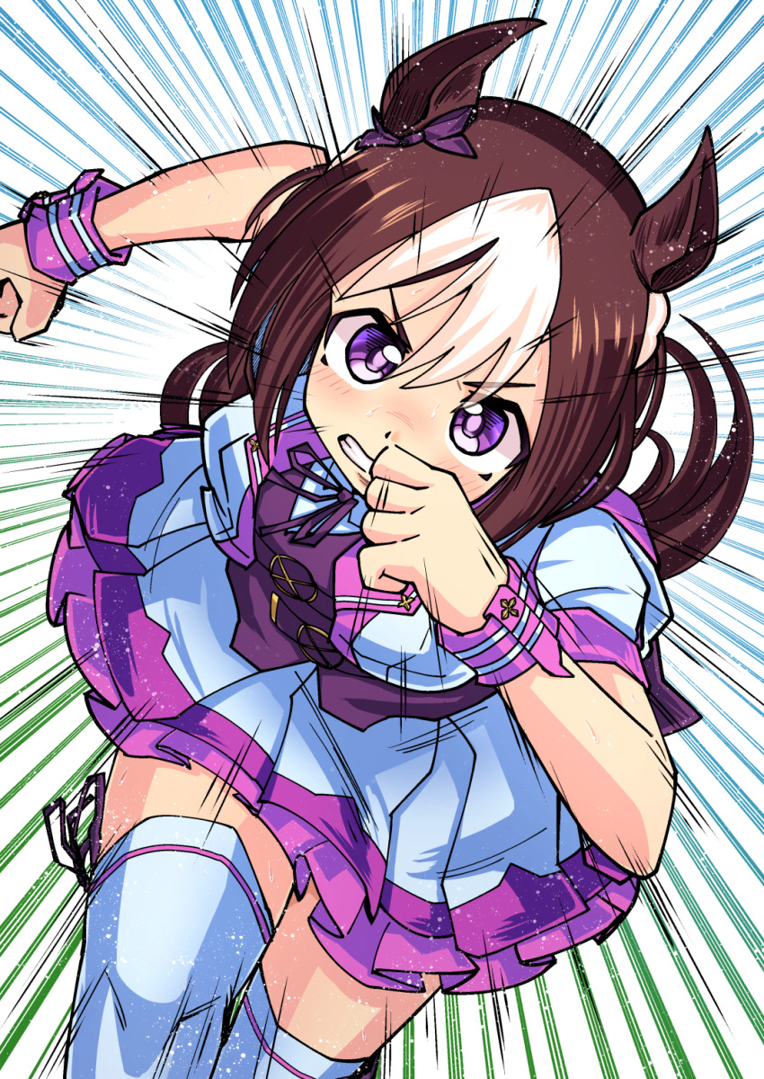 1girl animal_ears brown_hair dutch_angle ear_ribbon emphasis_lines highres horse_ears horse_girl horse_tail horyuu multicolored_hair neck_ribbon puffy_short_sleeves puffy_sleeves purple_eyes purple_ribbon ribbon running short_hair short_sleeves skirt solo special_week_(umamusume) tail thighhighs two-tone_hair umamusume white_hair white_skirt white_thighhighs wrist_cuffs