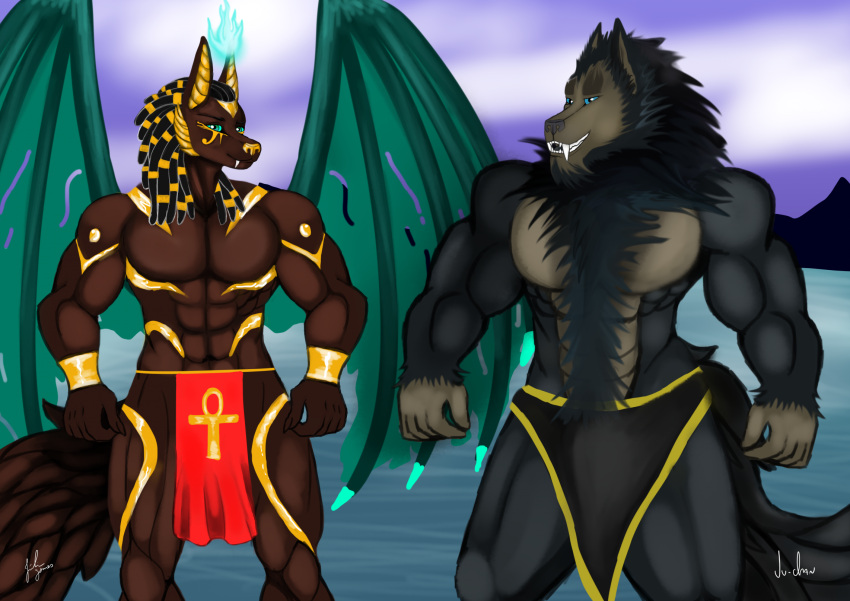 abs anthro anubis_bayek body_hair bottomwear canid canine canis clothing deity duo happy_trail hi_res hogan_the_werewolf jackal ju_chan_studio loincloth male male/male mammal muscular muscular_male mythological_canine mythological_creature mythology pecs were werecanid werecanine werewolf wolf